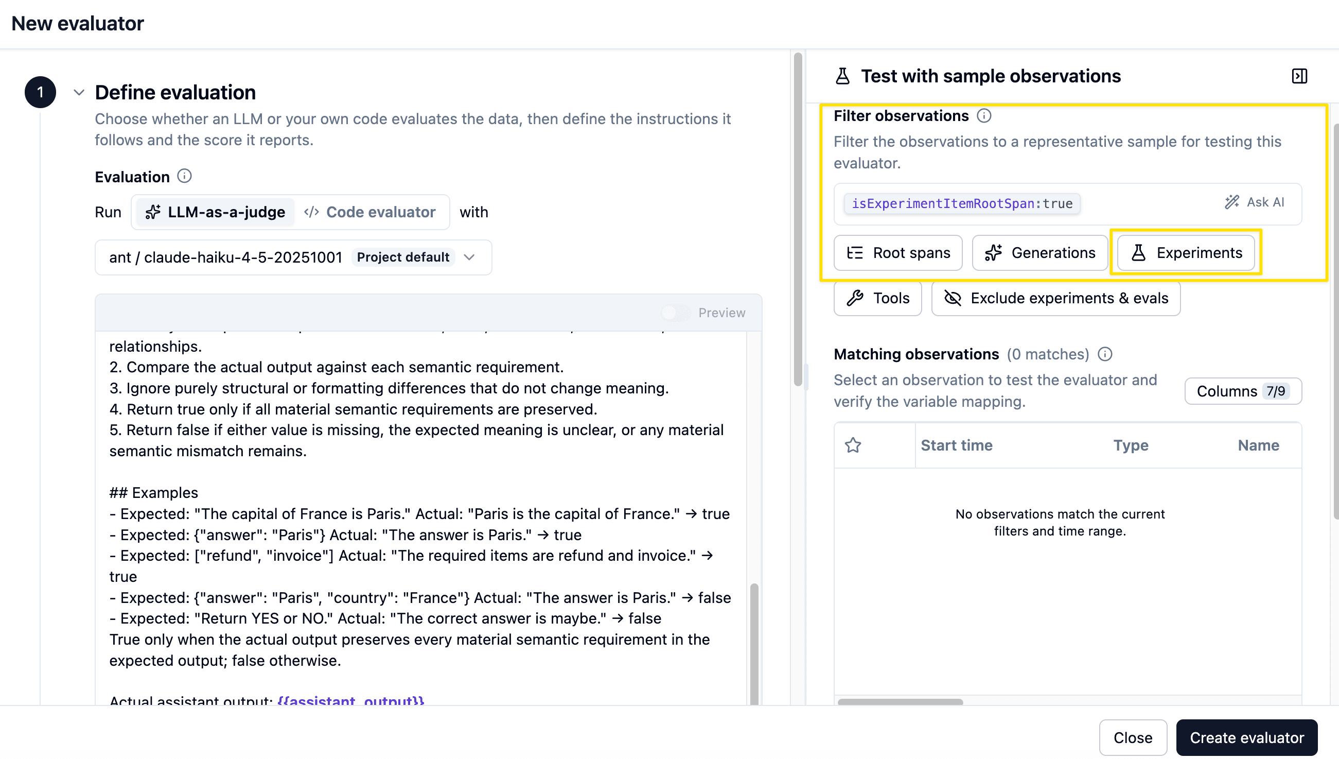Filter for observations created by experiments in the evaluator setup panel.