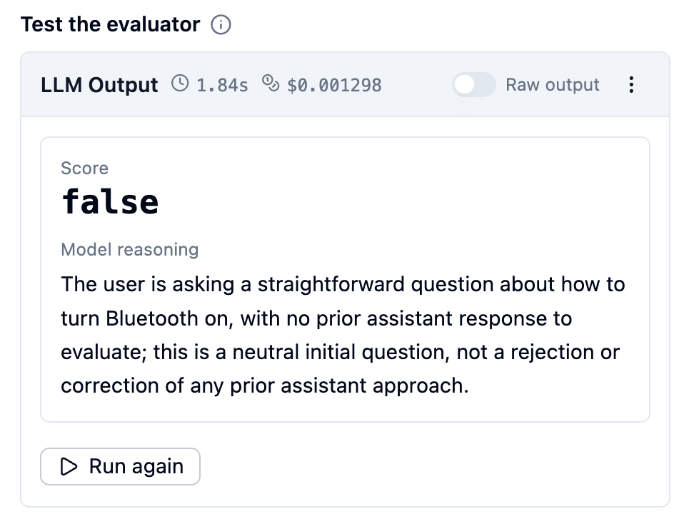 Test the User Disagreement evaluator on the selected sample observation.